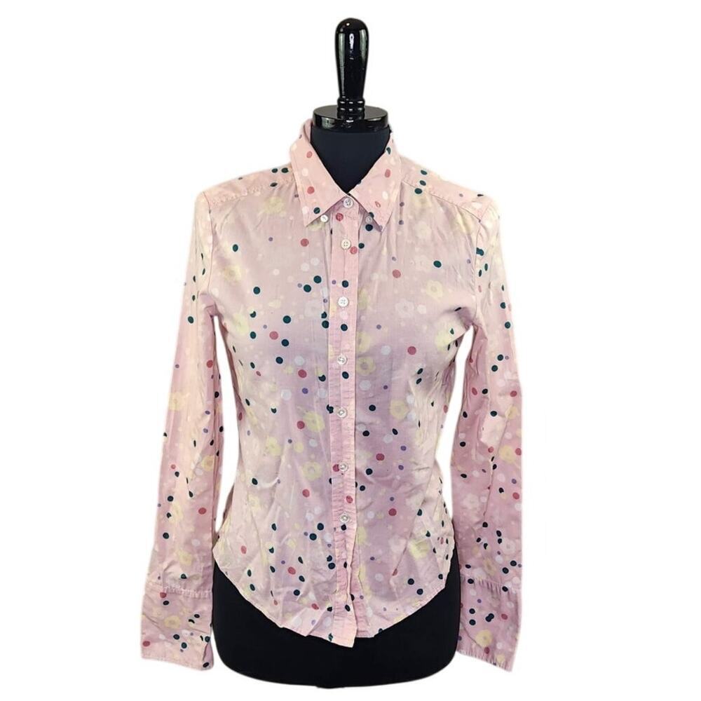 Club Monaco Cotton Blouse Pink Floral Polka Dot Retro Print Fitted M
